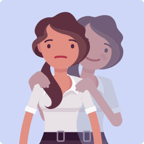 a woman, who appears sad, but has a shadow version of herself standing behind her and supporting her.