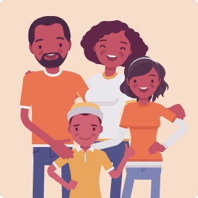 A happy family is shown smiling together.