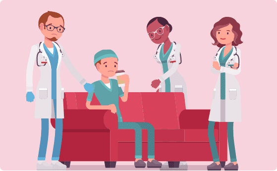 Group of doctors sitting and standing together, they all have different expressions
