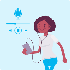 Woman is walking and listening to something, looking happy and peaceful.